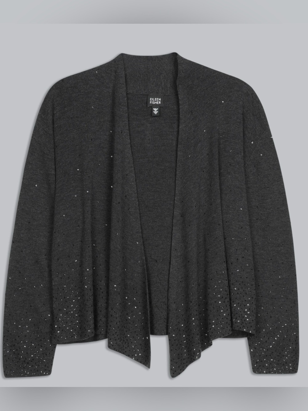 Eileen Fisher XL Gray Sequin 100% Merino Wool Open Front Cardigan Sweater